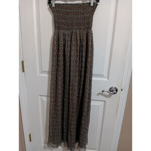 Scoop Beach NYC Gorgeous 100% Silk Strapless Dress Espresso Turquoise Geo Print